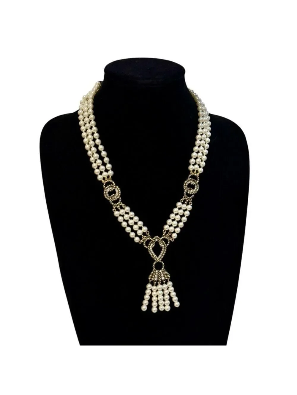 Luxury Multi-Strand Pearl Tassel Statement Collar Necklace with Ornate Detail